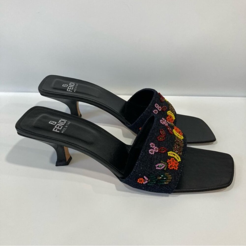 AUTH RARE FENDI ZUCCA BEADED MULE HEELS Y2K VINTAGE FALL 🍂 KITTEN HEEL SANDAL 9